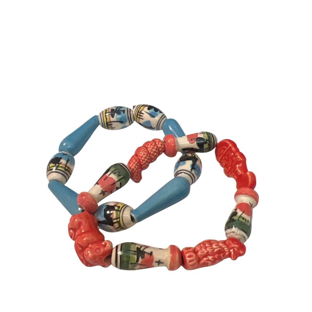 Vintage Ceramic Painted Bead Stretch Bracelets Set Of 2 Handpainted